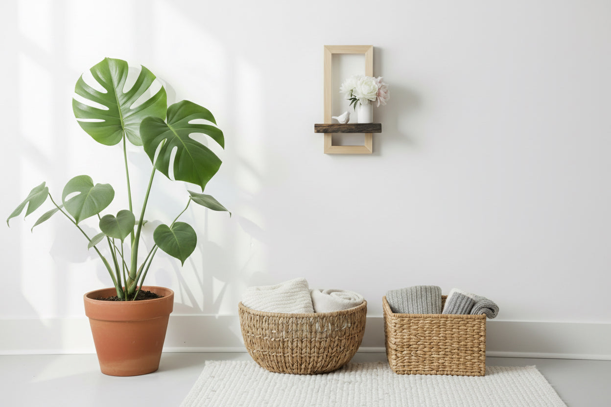 Contemporary Framed Shelf made by Chris Pollard in Kennebunkport, Maine featuring natural poplar and cherry wood featured in a living room environment