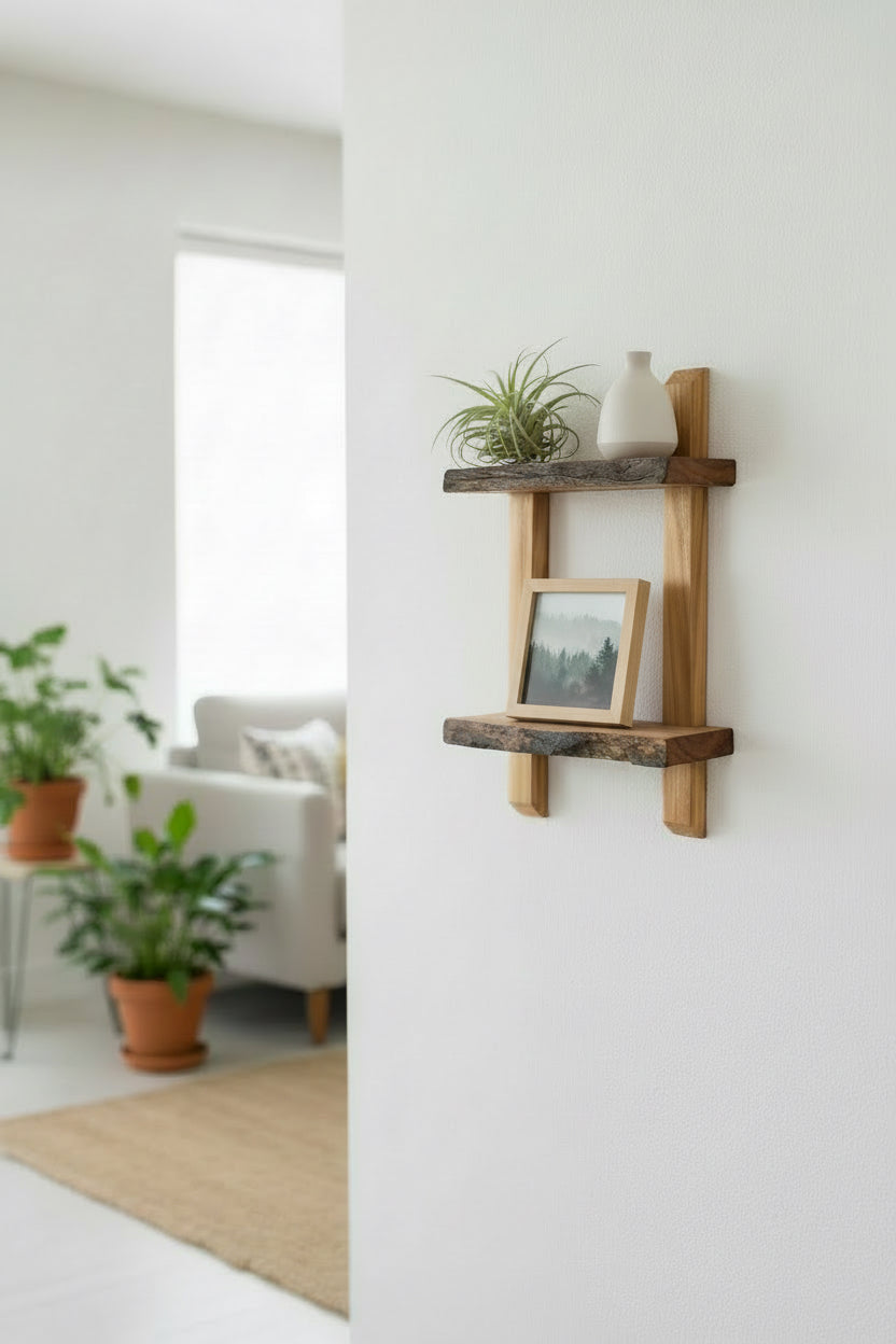 Two-level contemporary wall shelf made of natural birch and cherry wood.